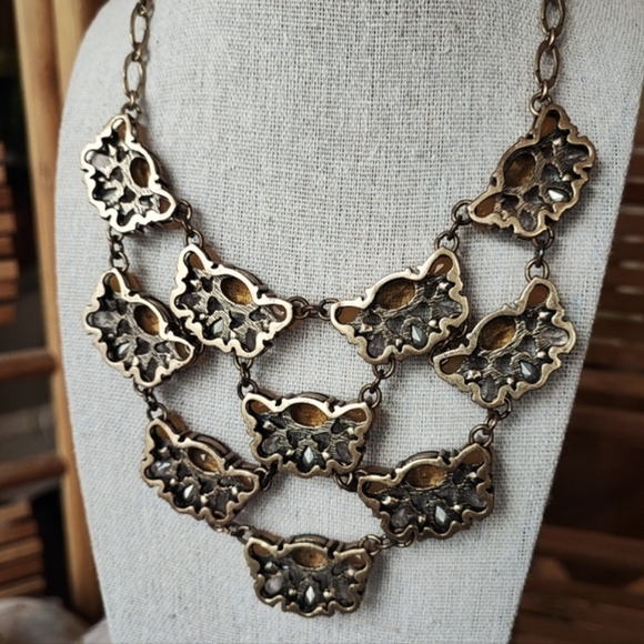 J. Crew Statement Necklace Topaz Honey Clear Stones Oxidized Brass 10 Medallions - Picture 4 of 14